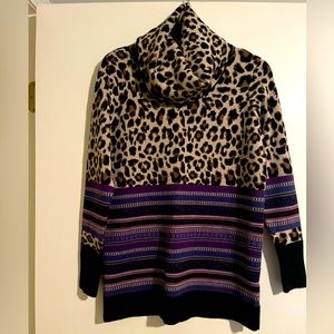 Etcetera Leopard and Multi Stripe Cowl Neck 100% Merino Wool Sweater - Size S